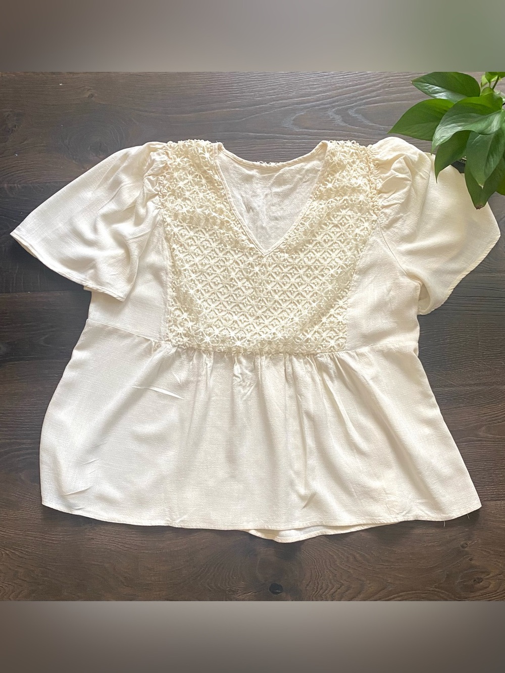 Boho Crochet Babydoll Top Cream Flowy V-Neck 2X